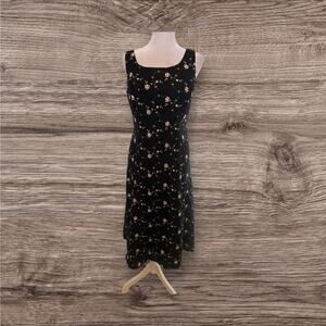 Vintage Sheri Martin New York Petite Black w/Embroidery Pink Roses/Leaves Dress